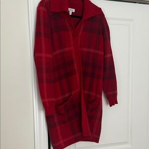 Denim&Co Red Plaid Long Cardigan Sweater